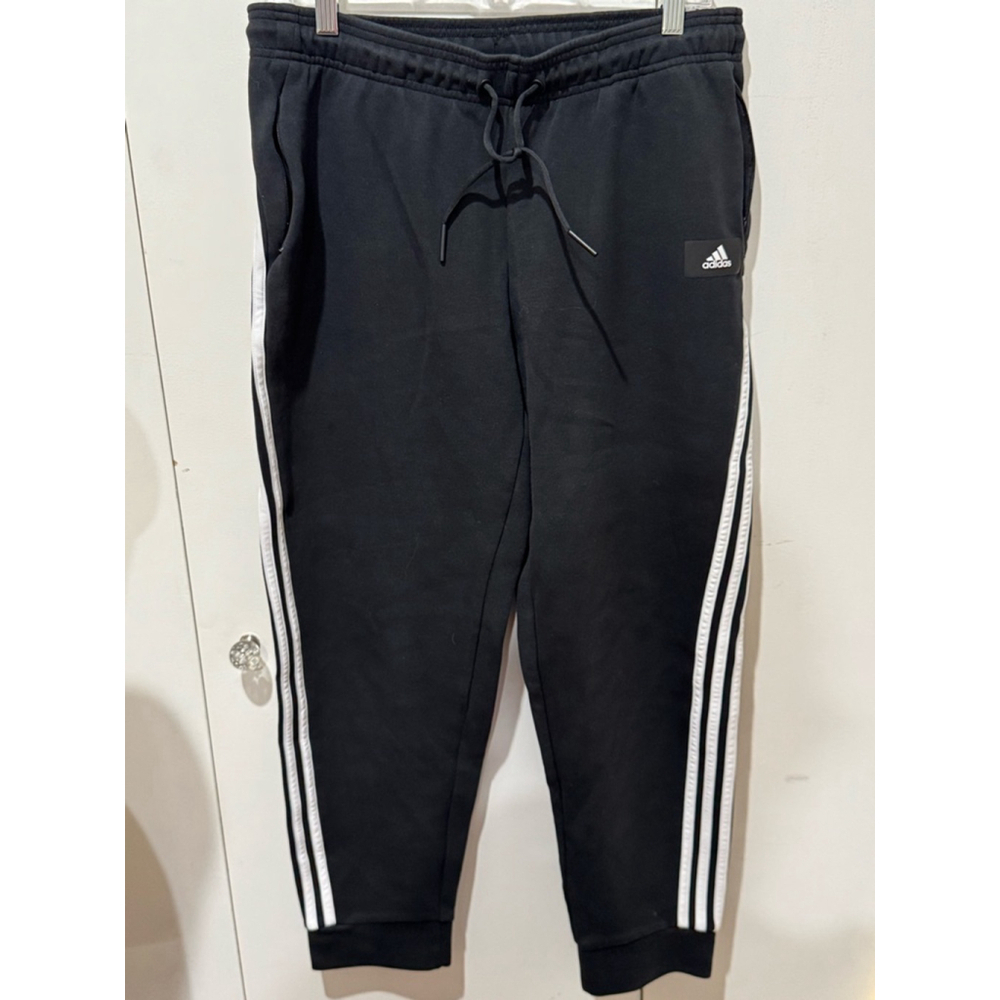 Men's Adidas Black Jogger white side stripes drawstring Pants Size L zip pocket